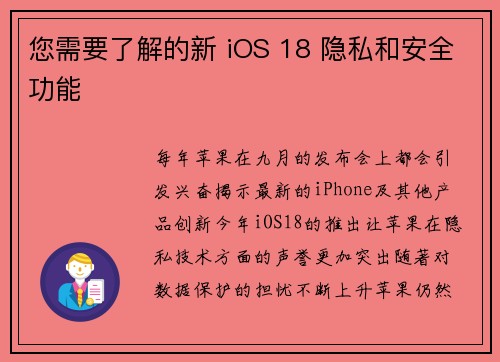 您需要了解的新 iOS 18 隐私和安全功能 